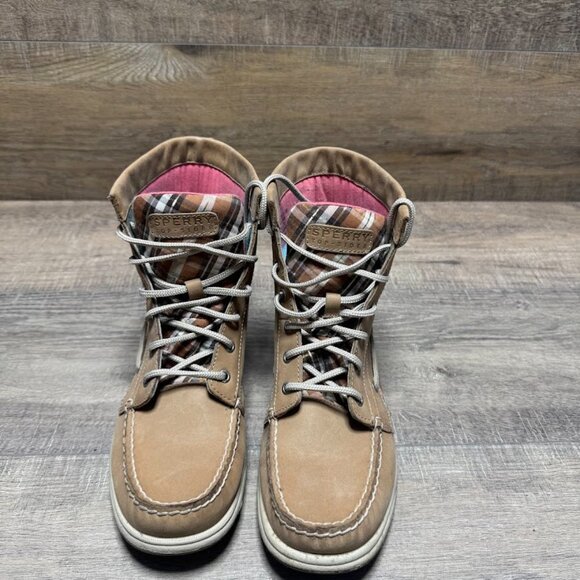 Sperry Top Sider Hikerfish Brown Leather Pink Plaid Lace Up Boots Shoes Size 7.5 - Picture 2 of 7